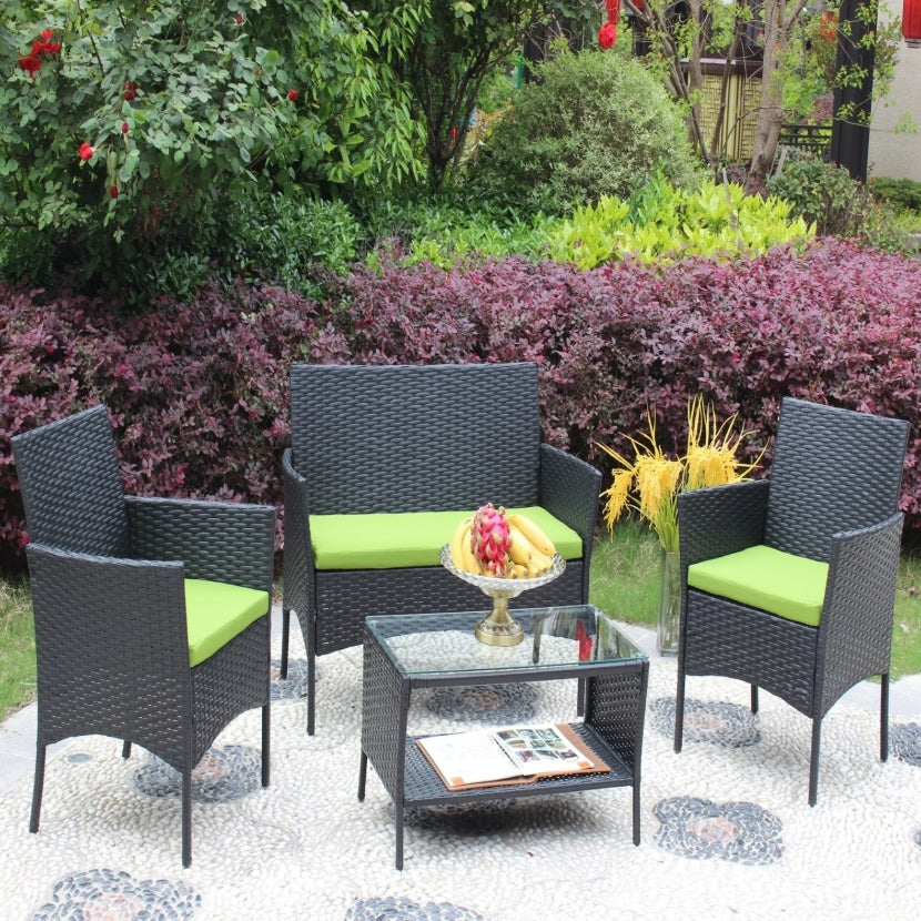 4-Piece Outdoor Wicker Patio Furniture Set – Green Cushions, Sofa & Chairs