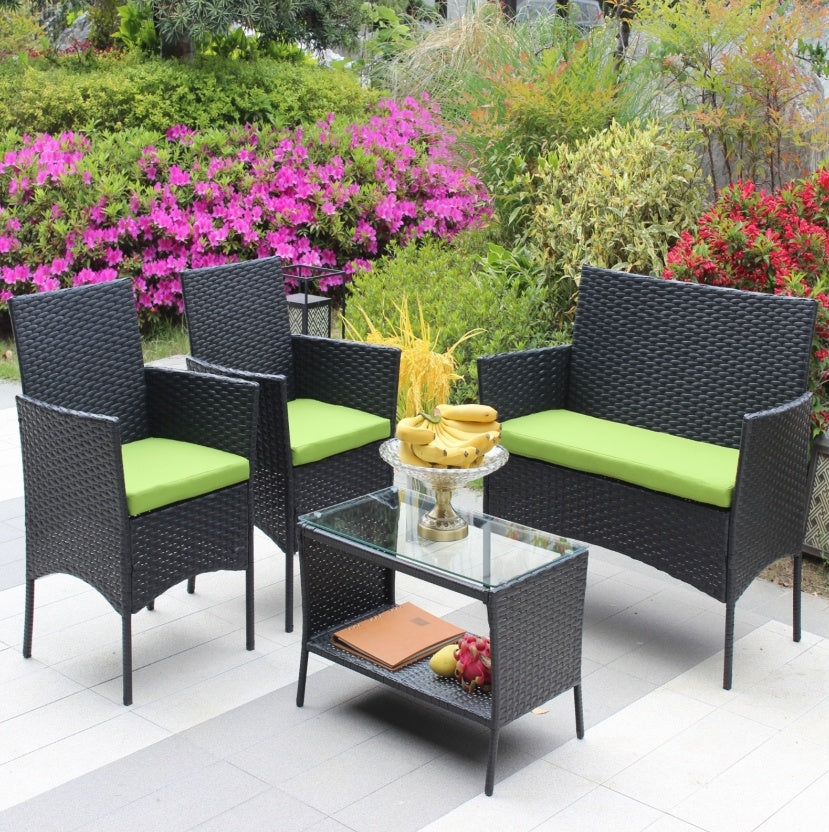 4-Piece Outdoor Wicker Patio Furniture Set – Green Cushions, Sofa & Chairs