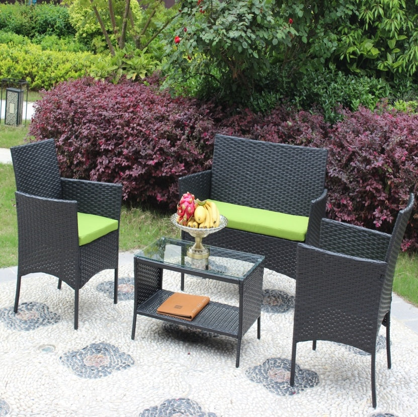 4-Piece Outdoor Wicker Patio Furniture Set – Green Cushions, Sofa & Chairs