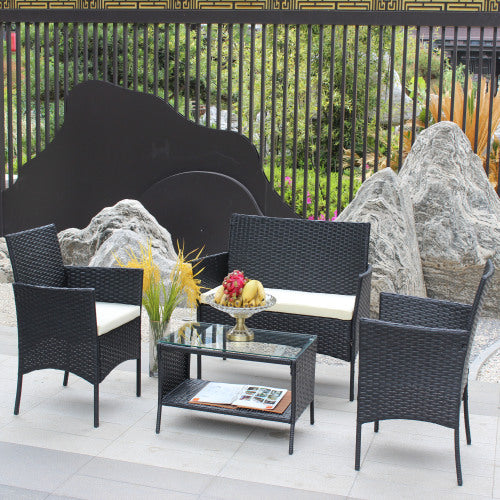 4-Piece Outdoor Wicker Patio Set – Loveseat, Chairs & Table with Beige Cushions