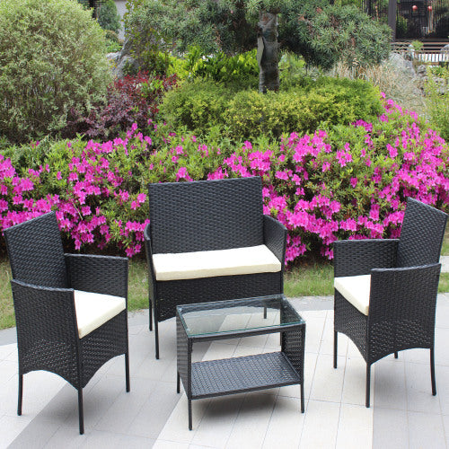 4-Piece Outdoor Wicker Patio Set – Loveseat, Chairs & Table with Beige Cushions