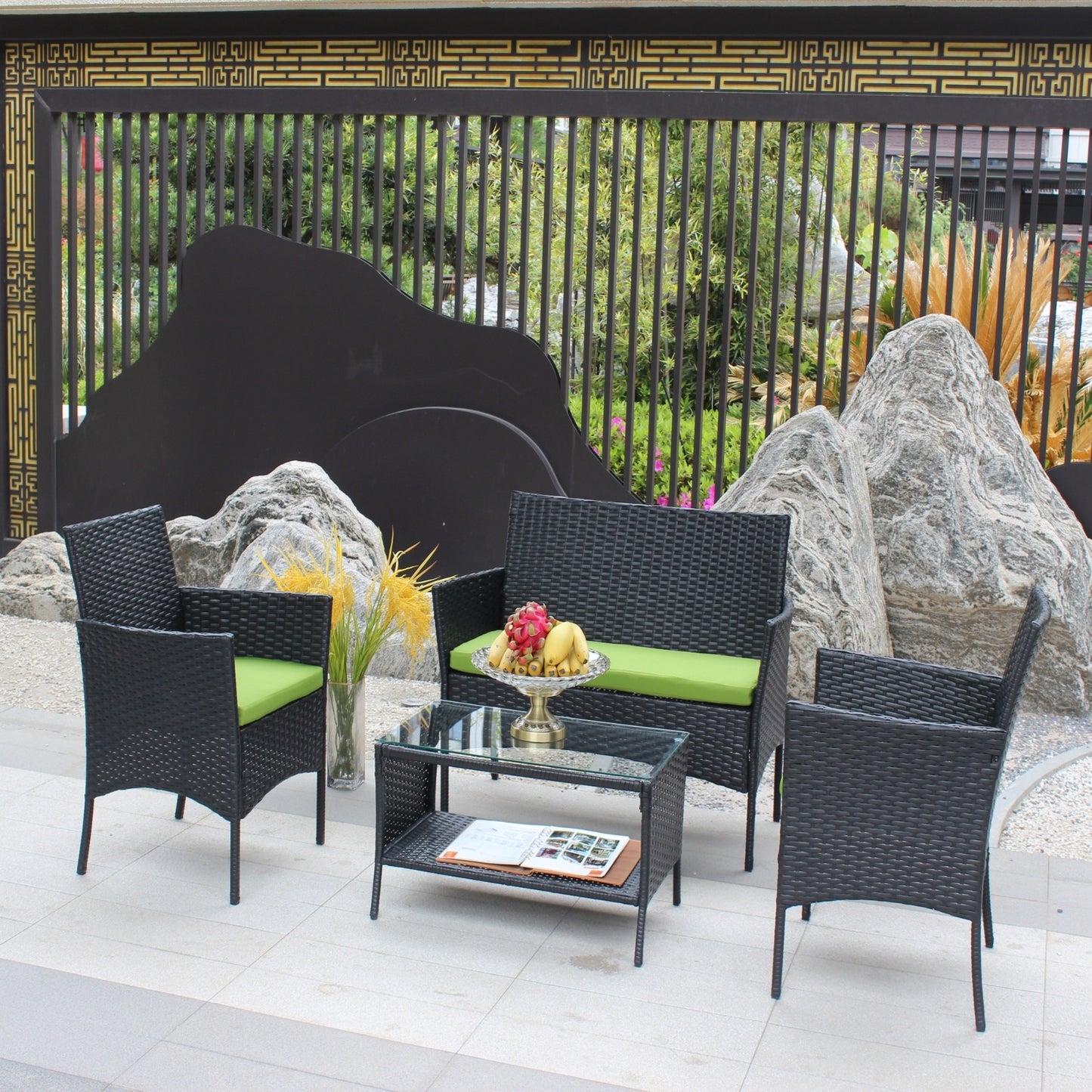 4-Piece Outdoor Wicker Patio Furniture Set – Green Cushions, Sofa & Chairs