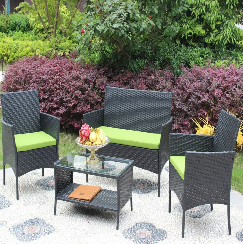 4-Piece Outdoor Wicker Patio Furniture Set – Green Cushions, Sofa & Chairs