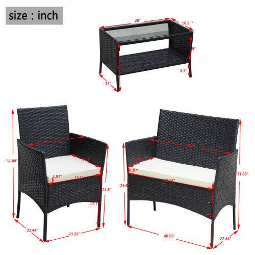 4-Piece Outdoor Wicker Patio Set – Loveseat, Chairs & Table with Beige Cushions