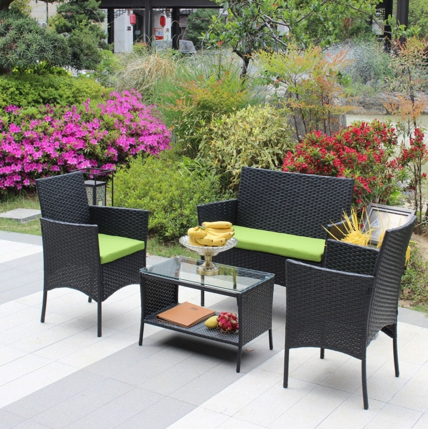 4-Piece Outdoor Wicker Patio Furniture Set – Green Cushions, Sofa & Chairs