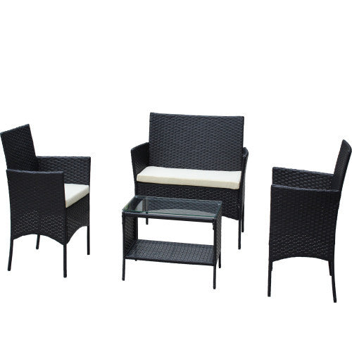 4-Piece Outdoor Wicker Patio Set – Loveseat, Chairs & Table with Beige Cushions