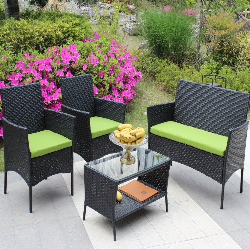 4-Piece Outdoor Wicker Patio Furniture Set – Green Cushions, Sofa & Chairs
