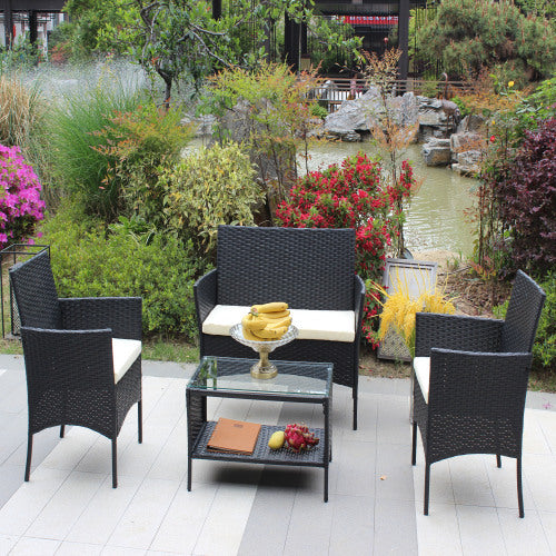 4-Piece Outdoor Wicker Patio Set – Loveseat, Chairs & Table with Beige Cushions