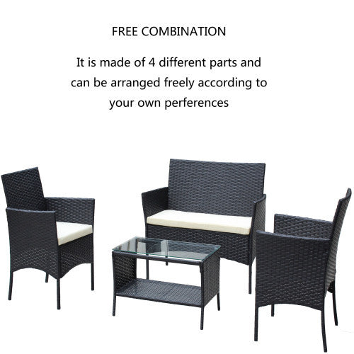 4-Piece Outdoor Wicker Patio Set – Loveseat, Chairs & Table with Beige Cushions