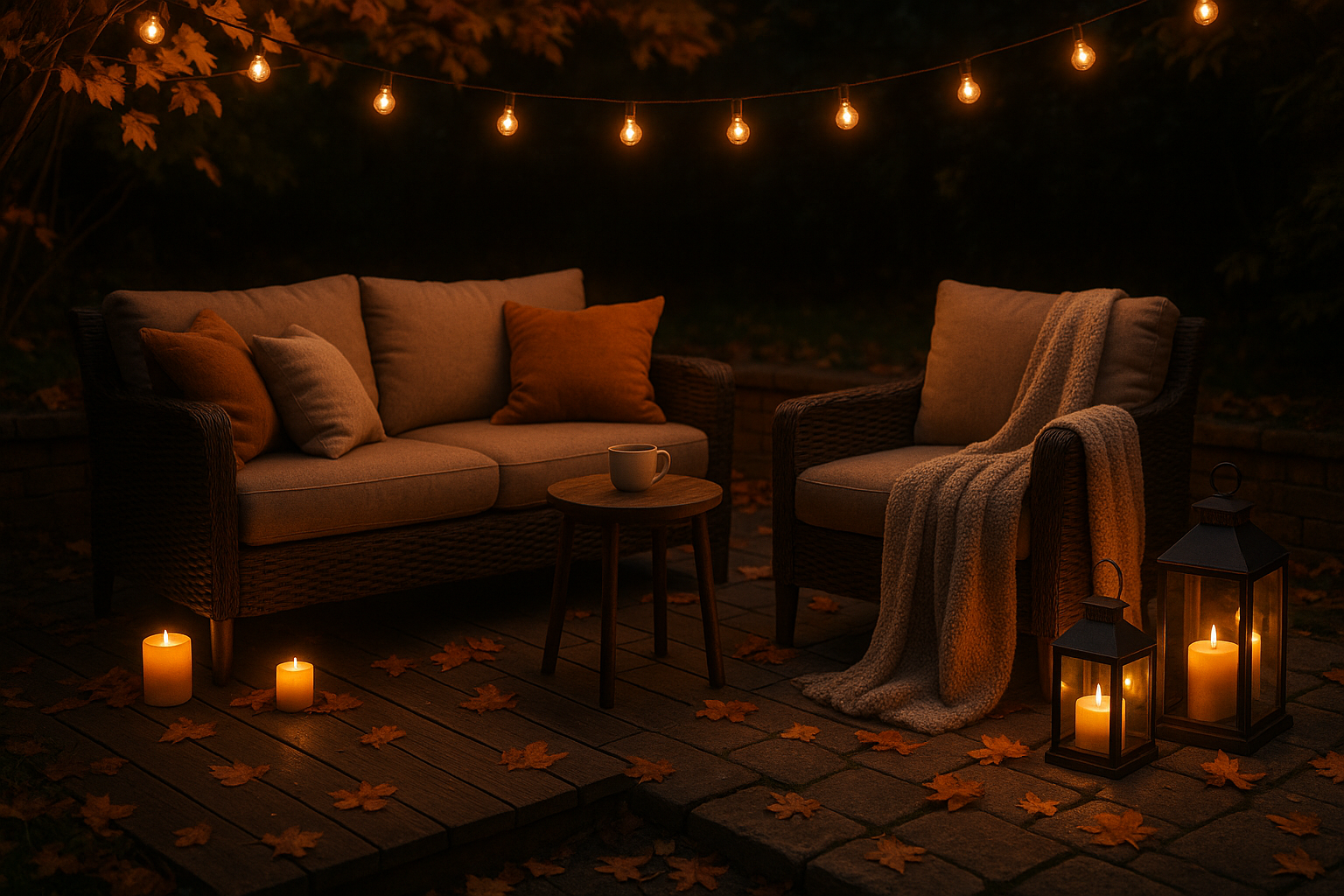 cozy fall patio photo — e.g. outdoor seating, string lights, a throw blanket, warm lighting.