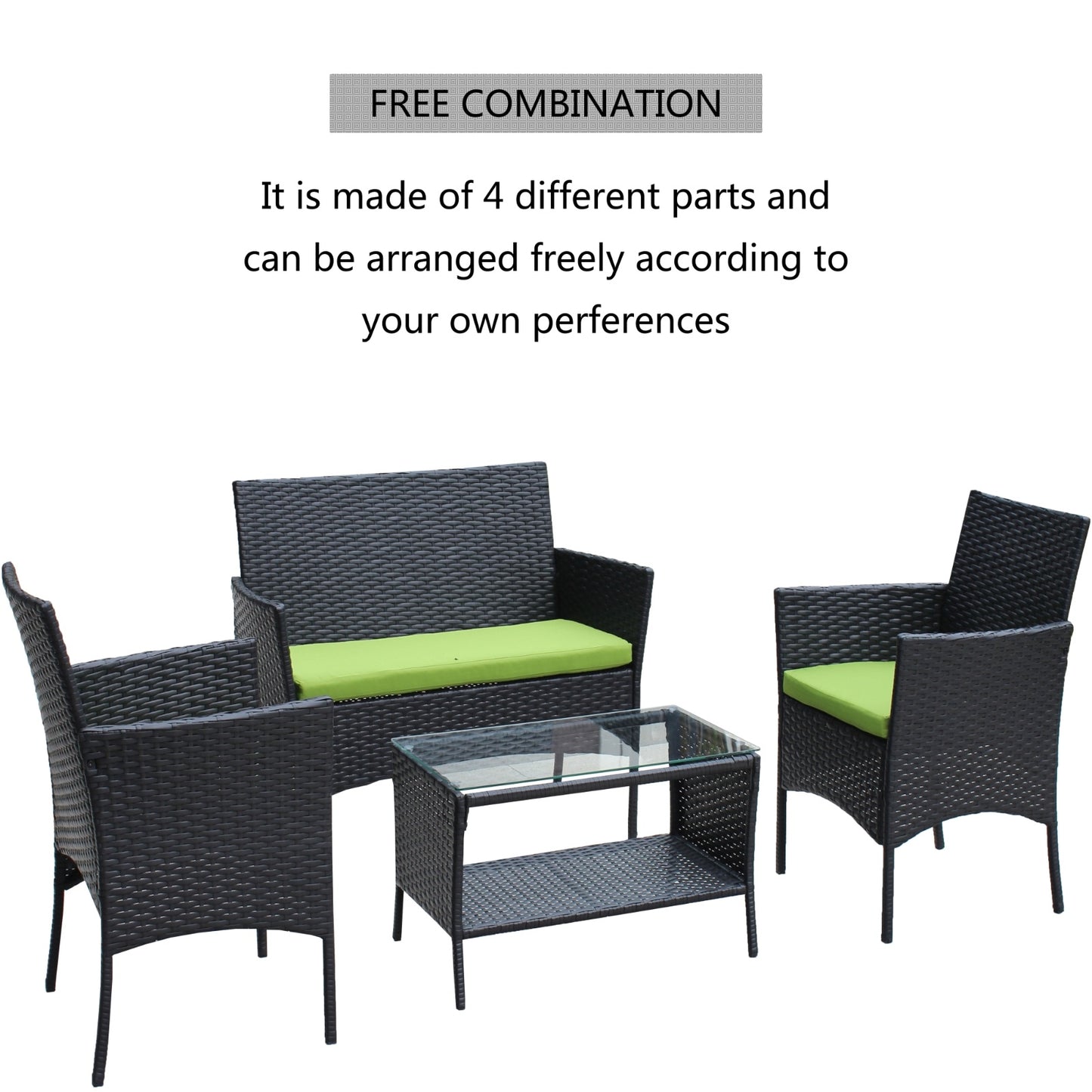 4-Piece Outdoor Wicker Patio Furniture Set – Green Cushions, Sofa & Chairs