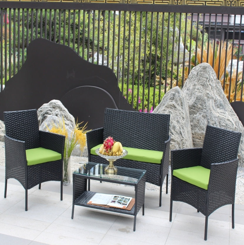 4-Piece Outdoor Wicker Patio Furniture Set – Green Cushions, Sofa & Chairs