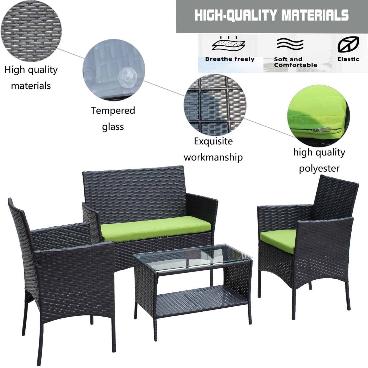 4-Piece Outdoor Wicker Patio Furniture Set – Green Cushions, Sofa & Chairs