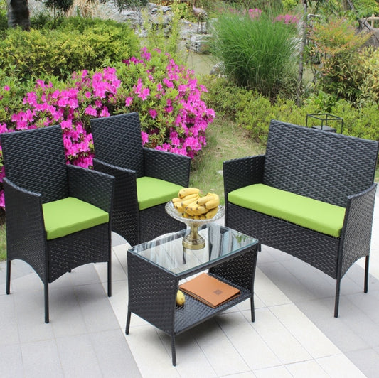 4-Piece Outdoor Wicker Patio Furniture Set – Green Cushions, Sofa & Chairs