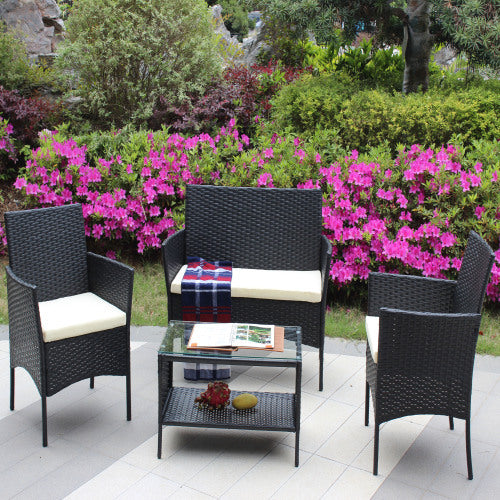 4-Piece Outdoor Wicker Patio Set – Loveseat, Chairs & Table with Beige Cushions